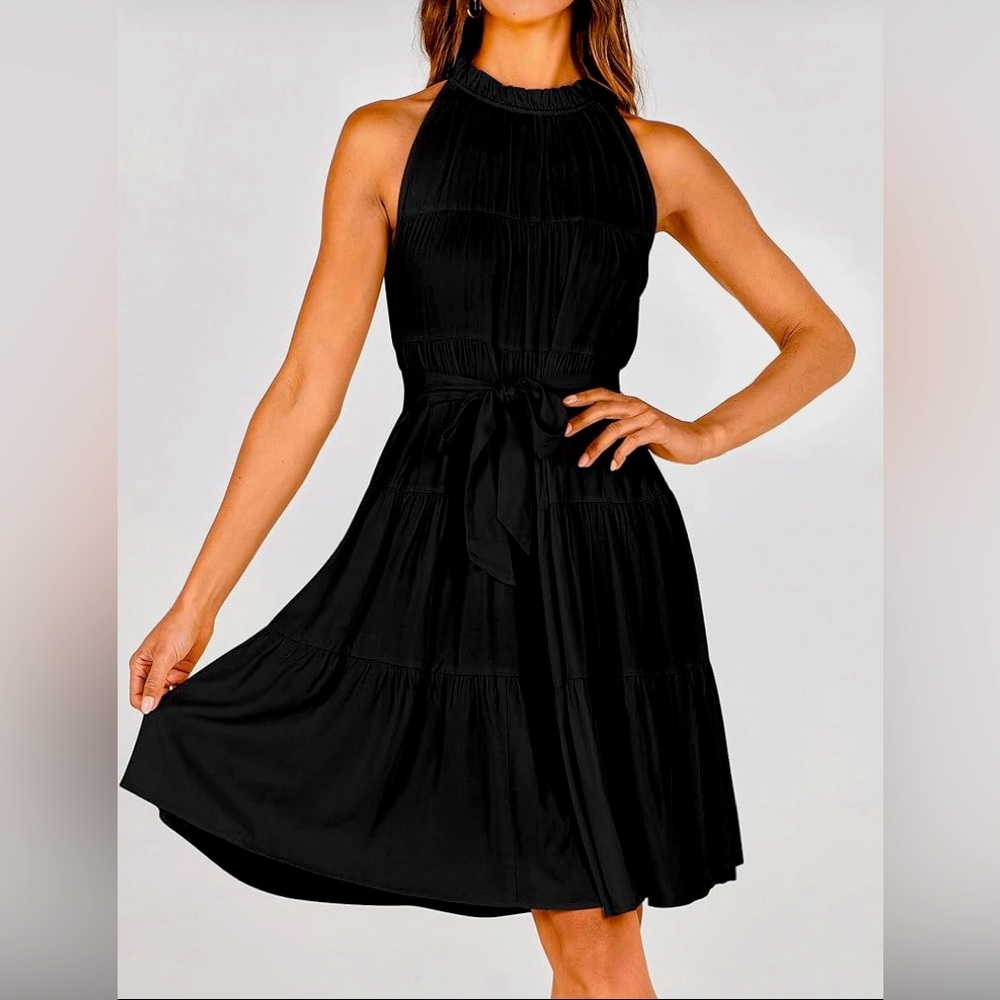 Okiwam Casual Sleeveless Halter Dress Boho Sun Dress Loose
Swing Pleated Dress